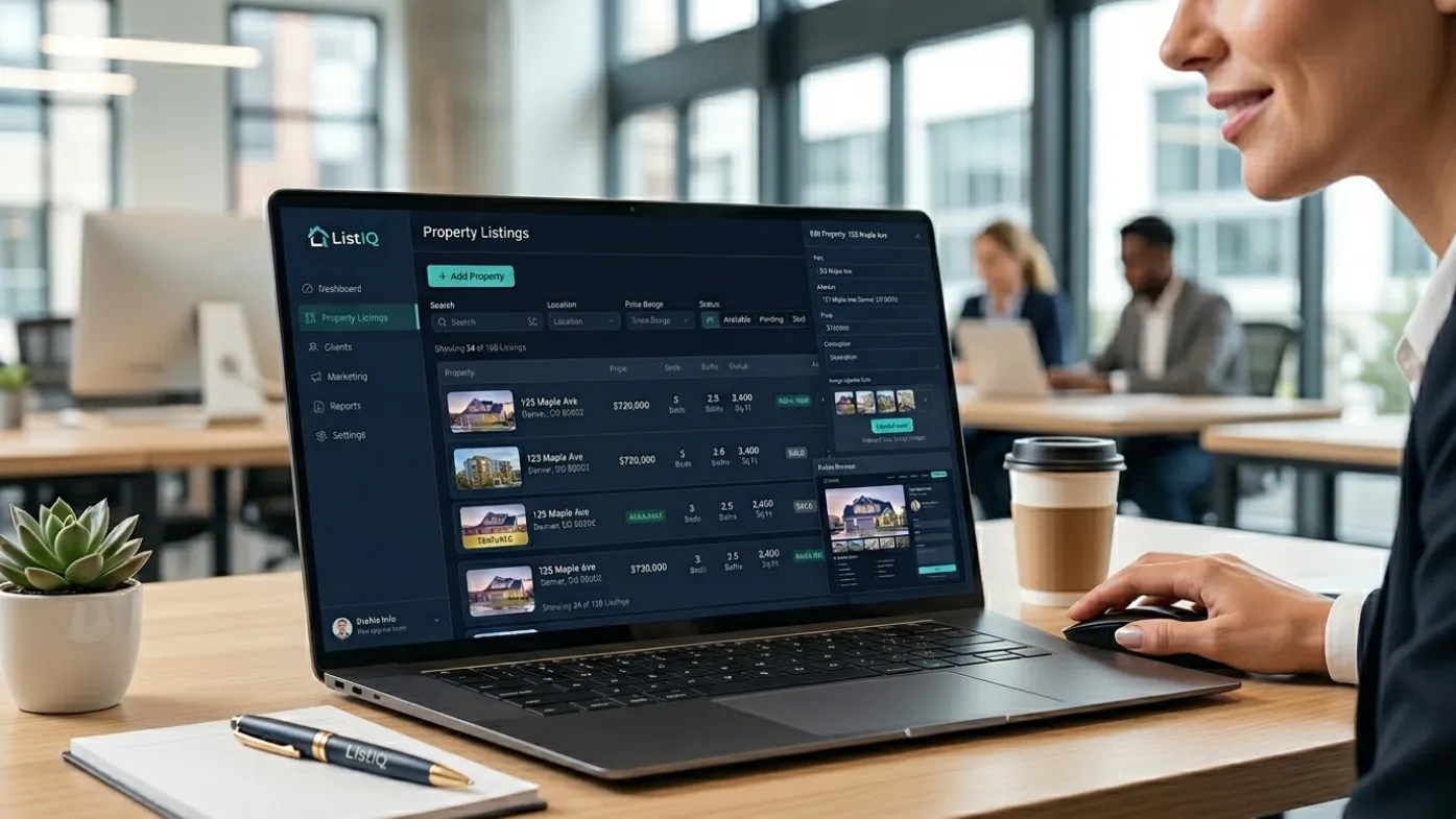 ListIQ property listing SaaS dashboard with property cards, filters and listing management tools.