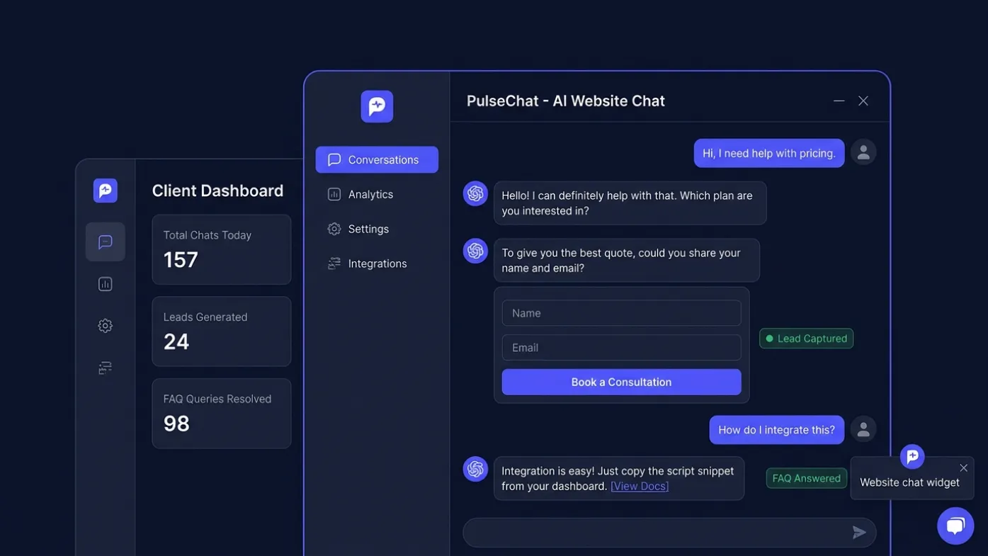 PulseChat AI chatbot system for websites with lead capture, FAQ automation and customer support interface.